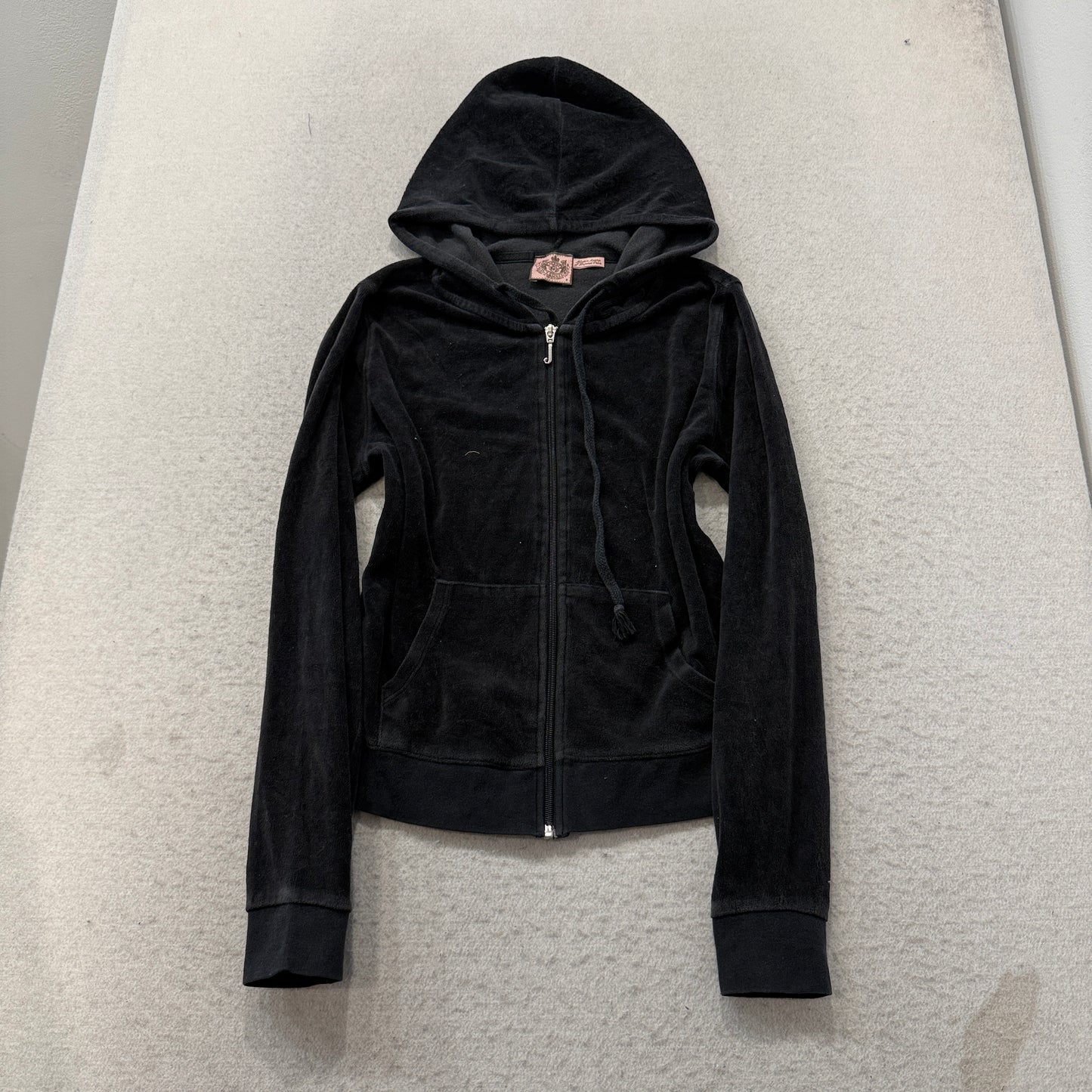 Vintage Juicy Couture Womens Black Velour Zip-Up Hoodie Drawstring Pocket Size S