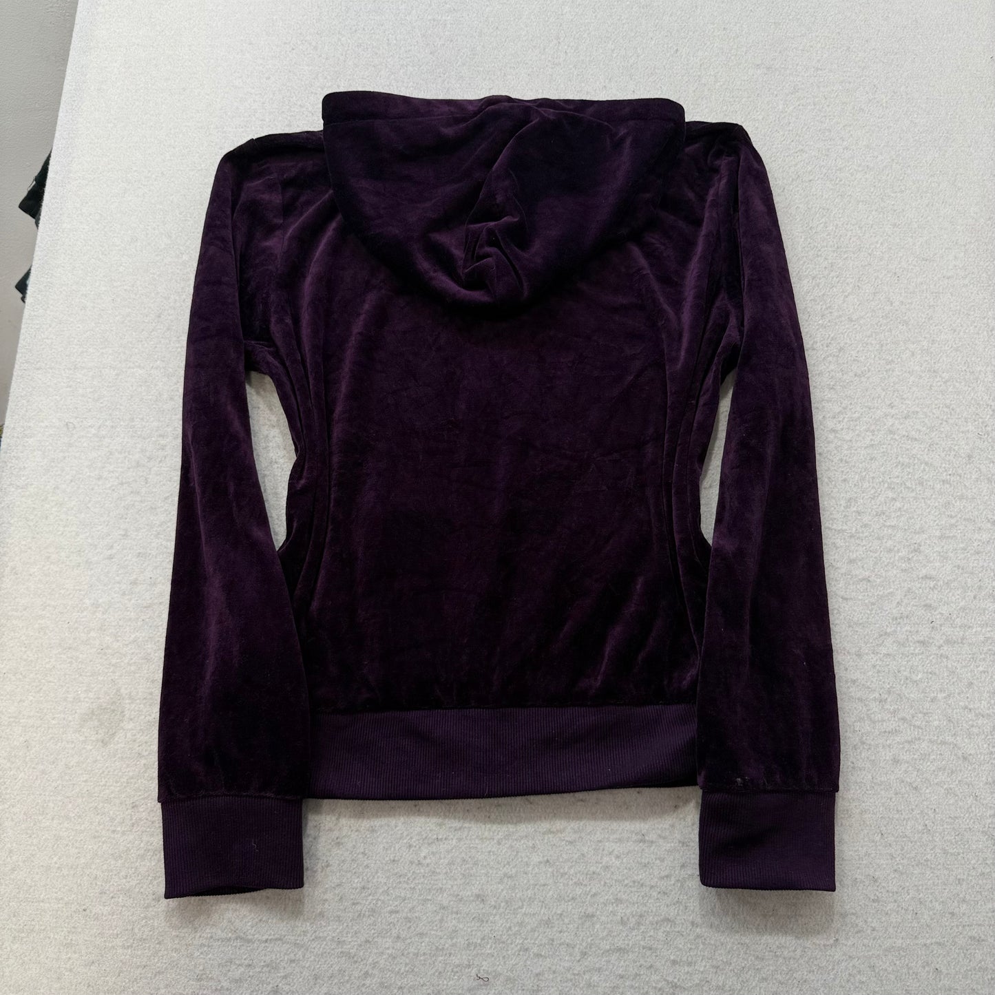 Bebe Women's Deep Purple Velour Zip-Up Hoodie Rhinestones Logo Pockets Size XL