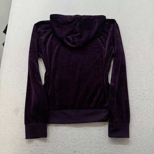 Bebe Women's Deep Purple Velour Zip-Up Hoodie Rhinestones Logo Pockets Size XL