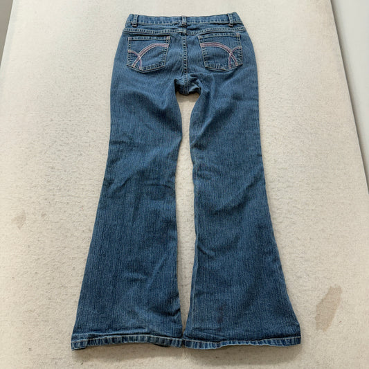 Circo Girls Blue Flared Denim Jeans Medium Wash Zip-Fly Rhinestone Y2K Size 12