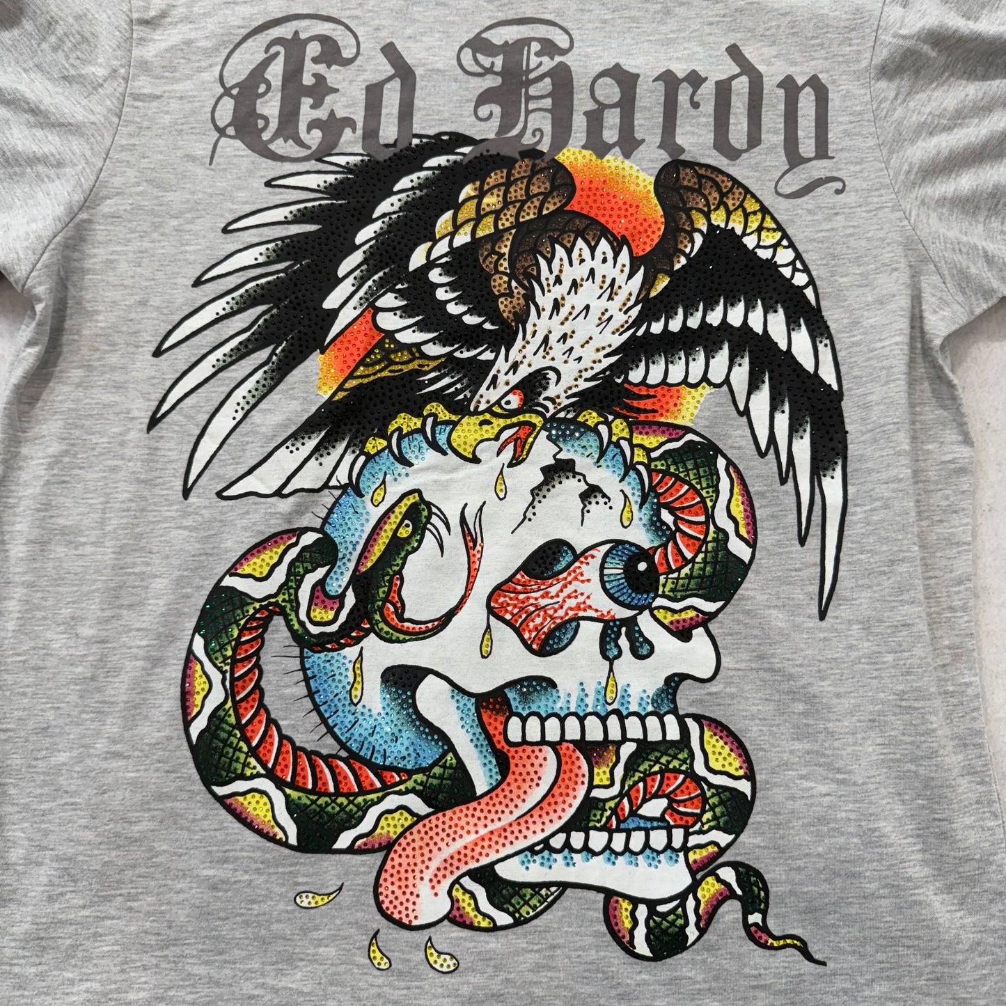 Ed Hardy Battle Skull Men's Heather Gray Cotton T-Shirt Graphic Tee Logo Size M