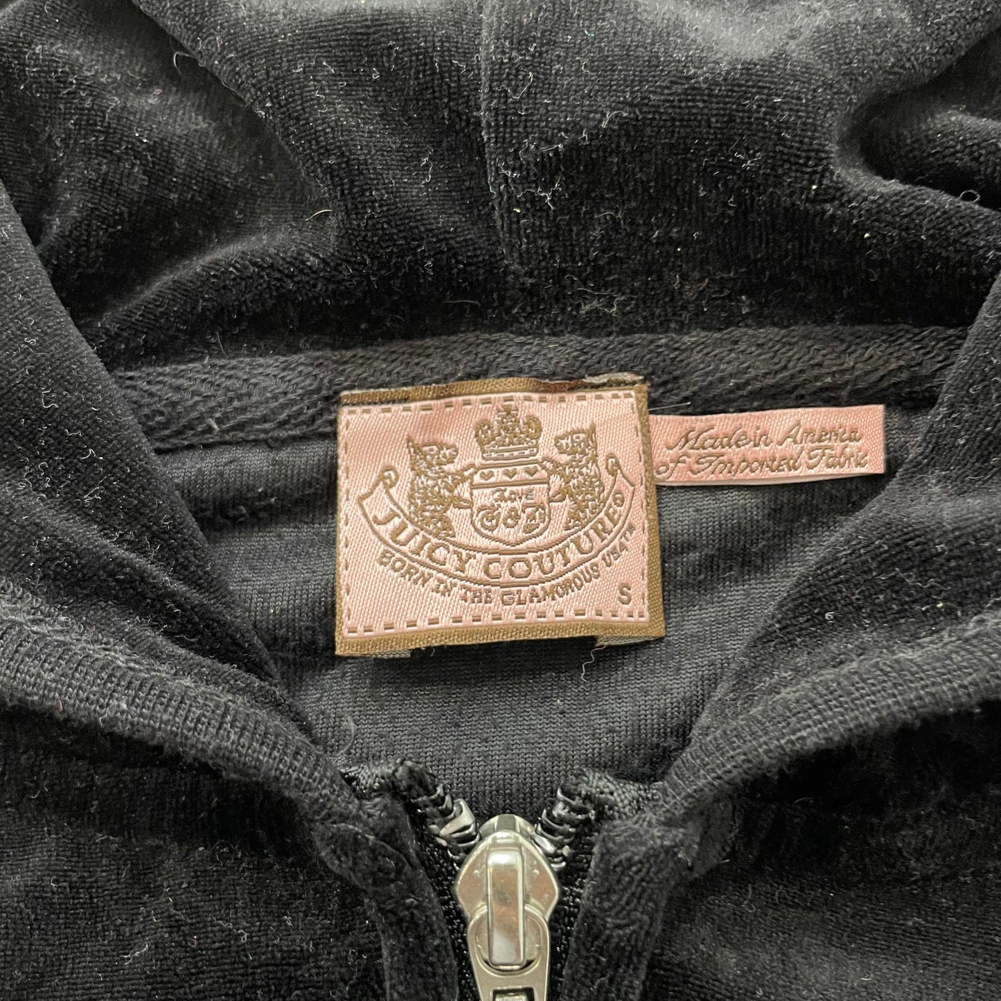 Vintage Juicy Couture Women Black Velour Zip-Up Hoodie Loungewear Pockets Size S