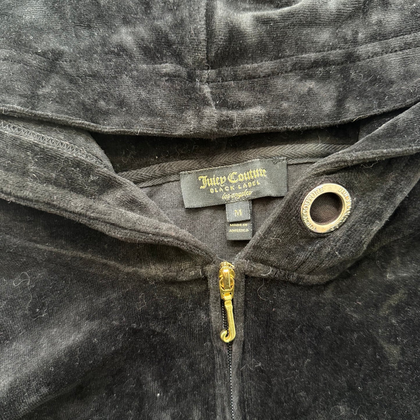 Juicy Couture Women's Black Velour Zip-Up Hoodie Gold Grommets Black Label Size M