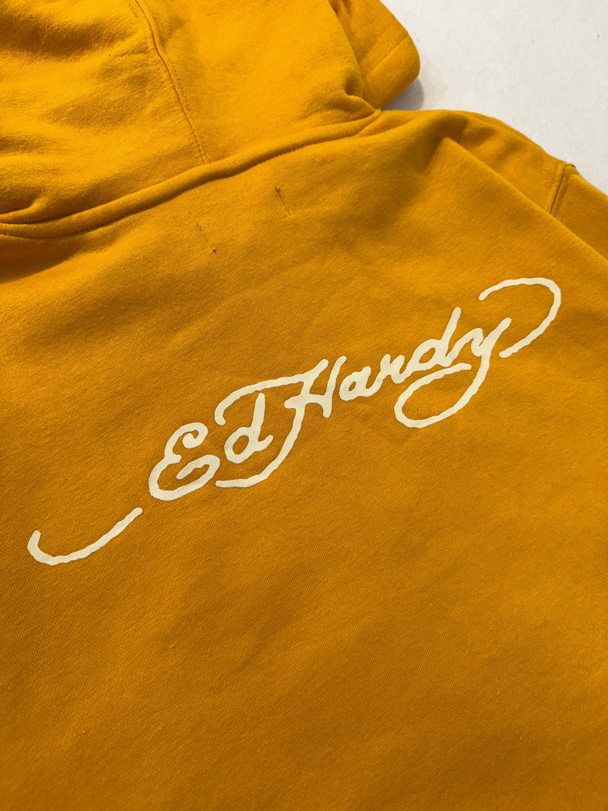 ED HARDY “Dragon” GOLDEN YELLOW CROPPED PULLOVER HOODIE - Clean Curriculums 