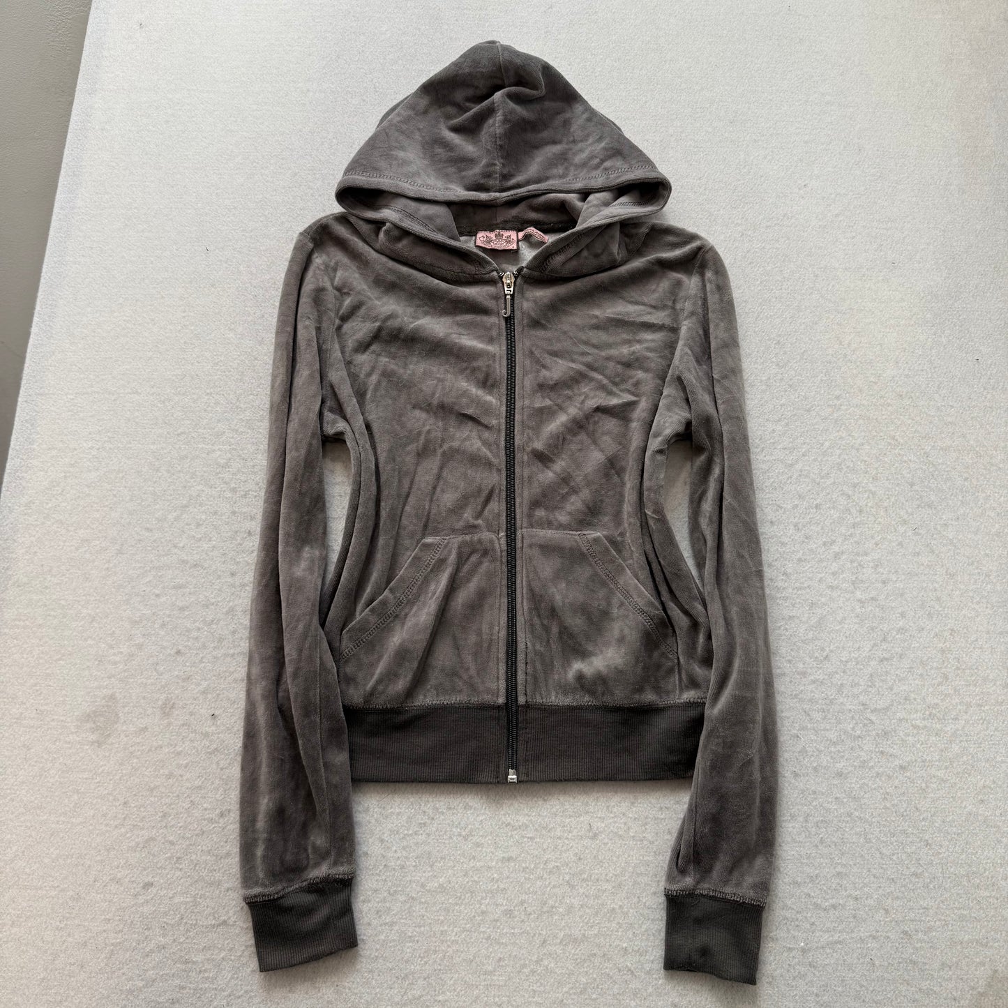 Vintage Juicy Couture Women's Charcoal Grey Velour Zip-Up Hoodie Pockets Size S