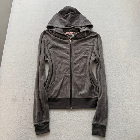 Vintage Juicy Couture Women's Charcoal Grey Velour Zip-Up Hoodie Pockets Size S