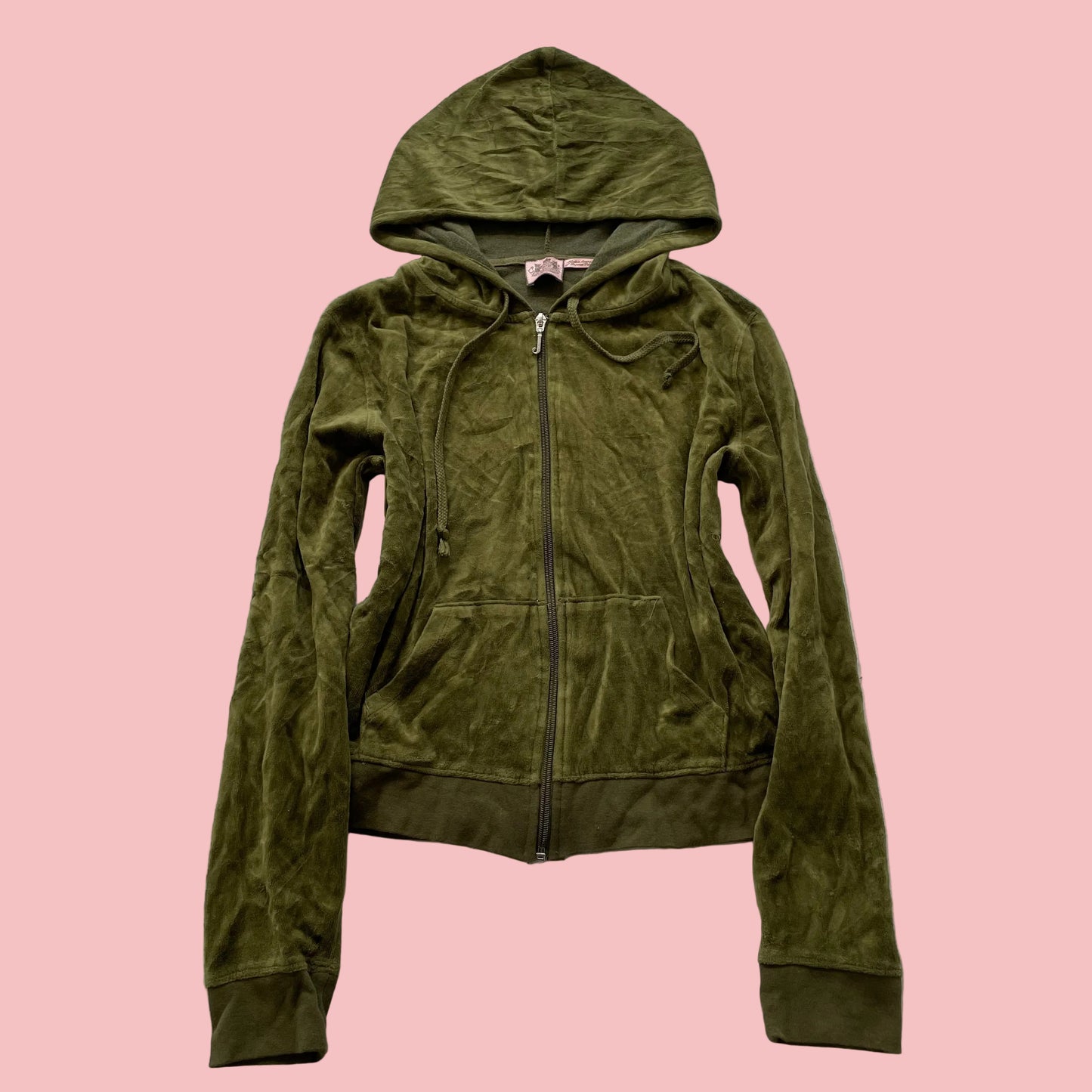 Vintage Juicy Couture Womens Olive Velour Zip-Up Hoodie Pocket Drawstring Size L