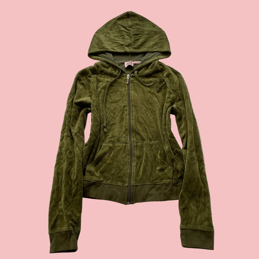 Vintage Juicy Couture Womens Olive Velour Zip-Up Hoodie Pocket Drawstring Size L