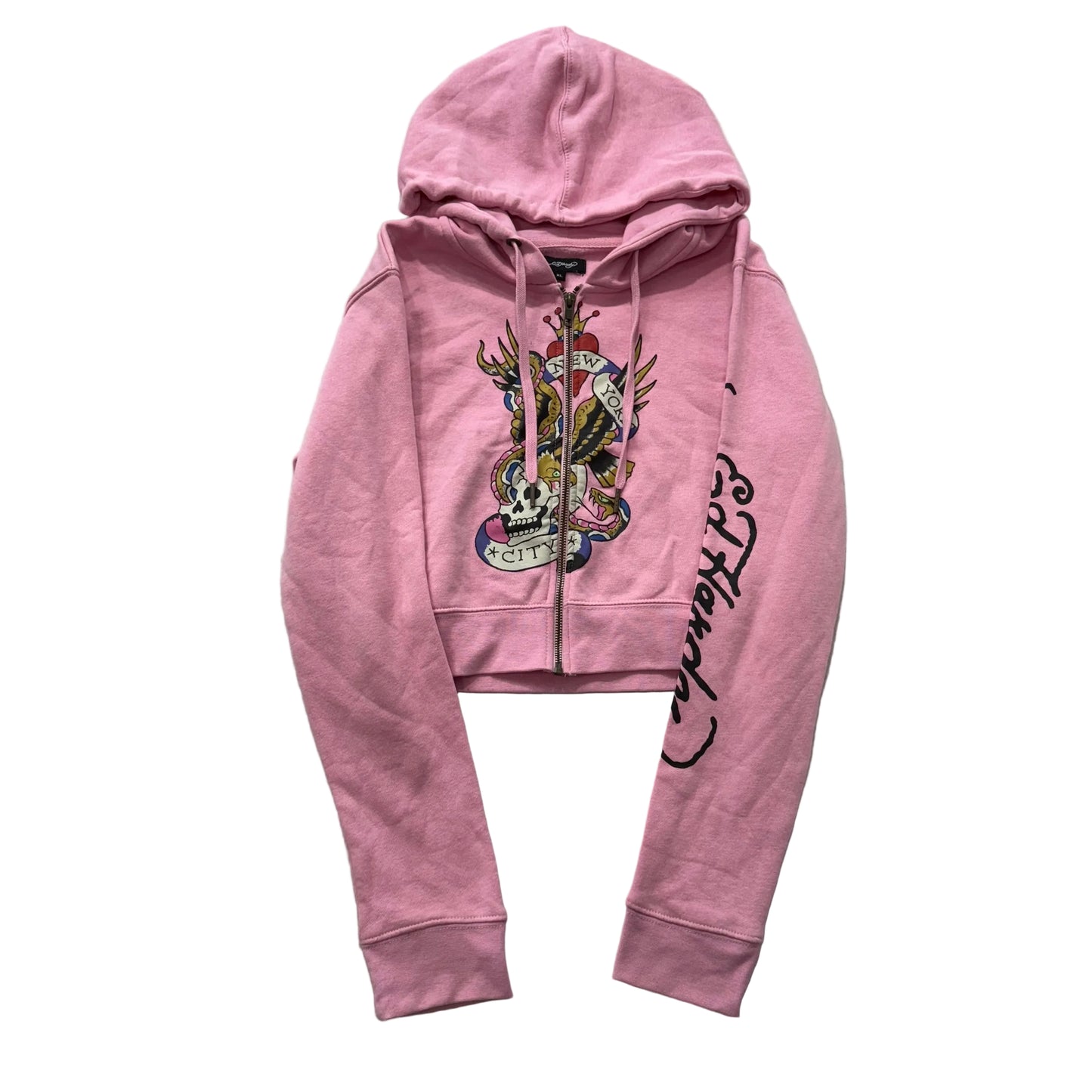 Ed Hardy Women's Baby Pink Velour Full Zip Cropped Hoodie Graphic Logo Size XL