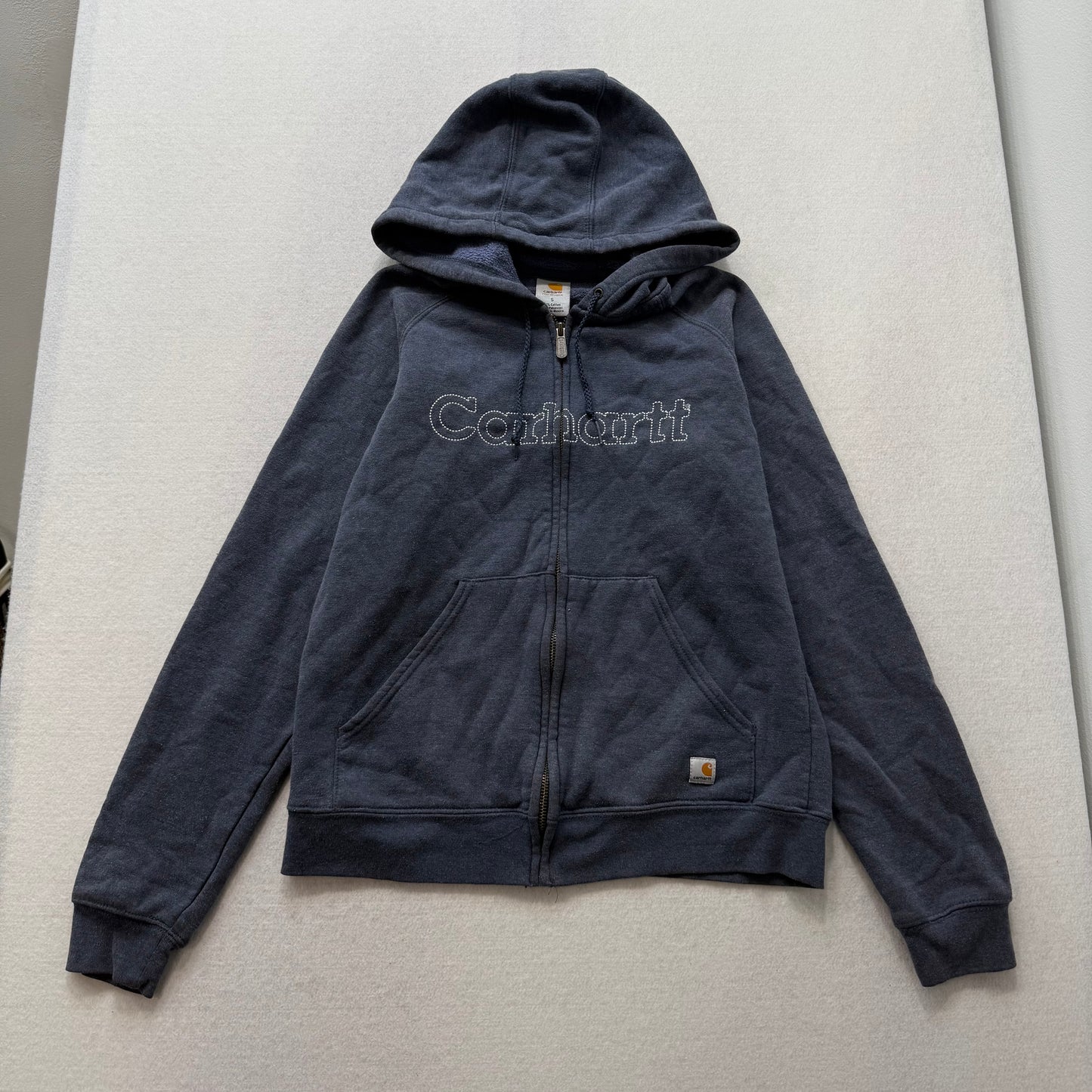 Carhartt navy blue full zip embroidered hoodie with drawstring size S