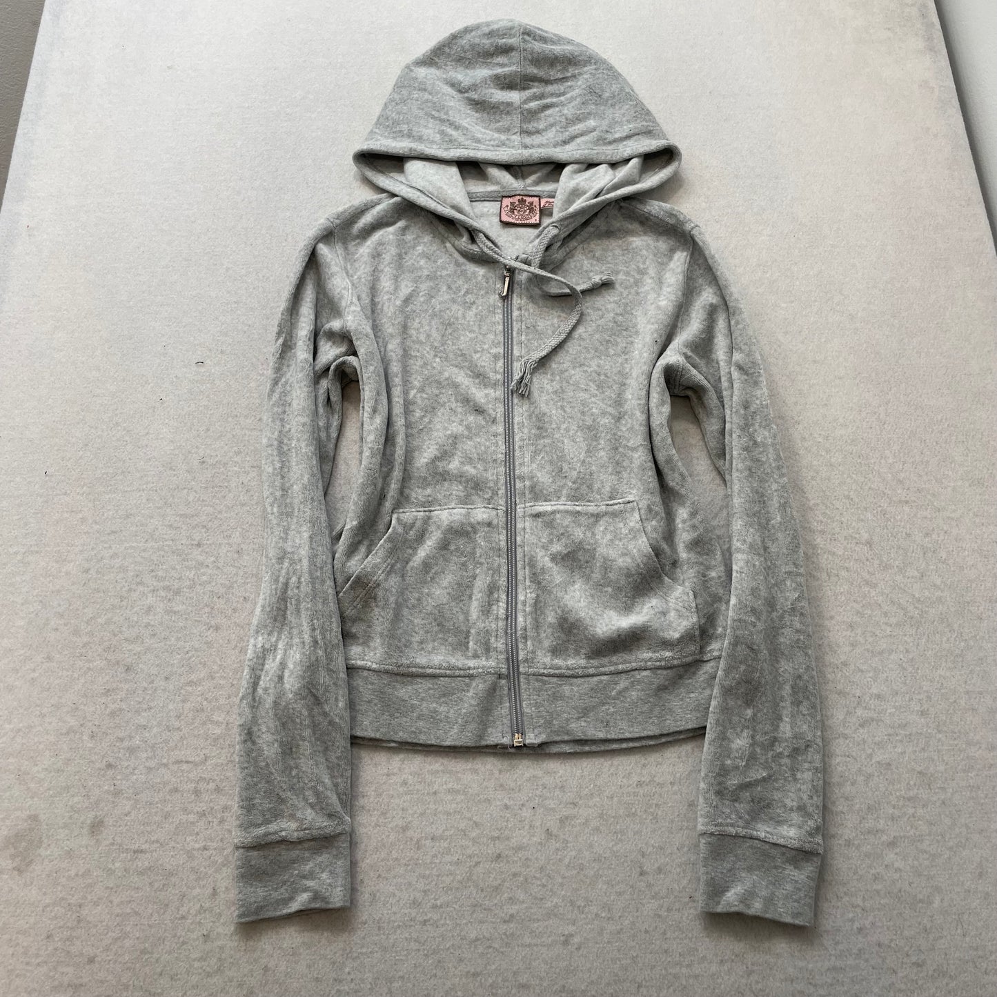 Vintage Juicy Couture Women Gray Velour Tracksuit Set Hoodie & Flare Pant Size S