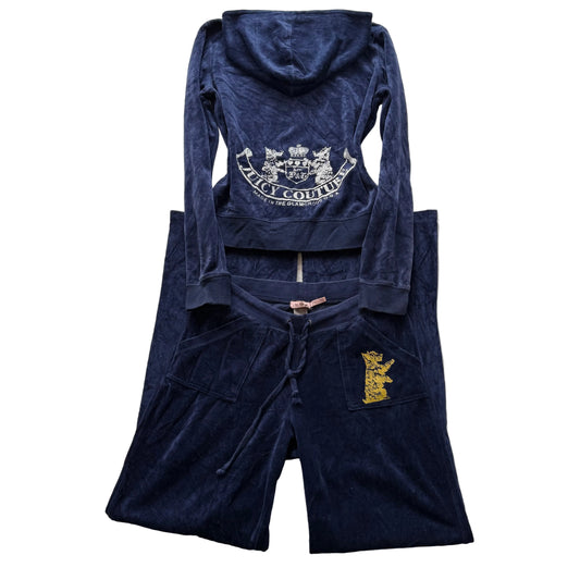 Vintage Juicy Couture Scottie Dog Navy Velour Tracksuit Set Hoodie & Pant Size L