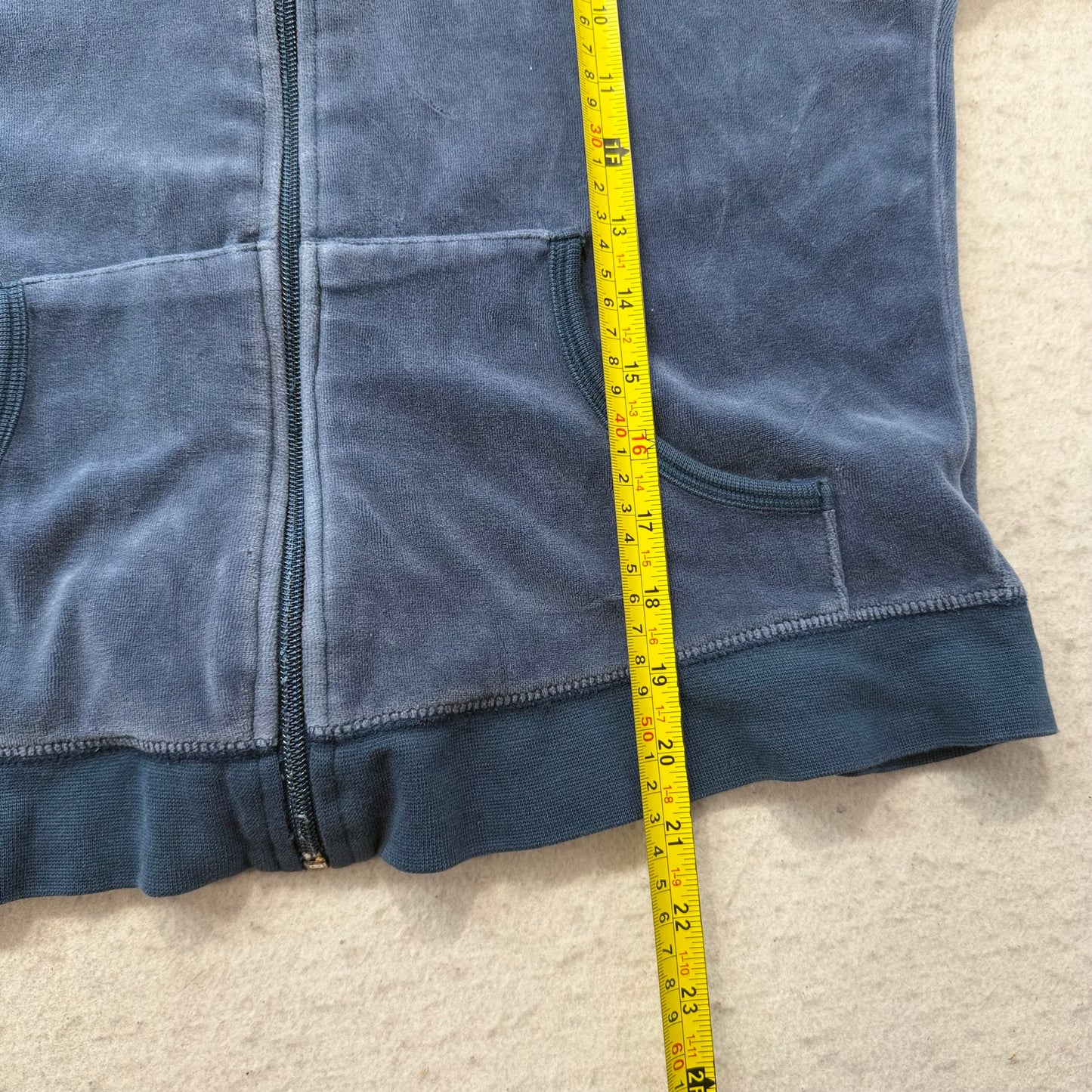 Vintage Juicy Couture Women's Navy Velour Zip-Up Hoodie Glitter Logo Y2k Size L