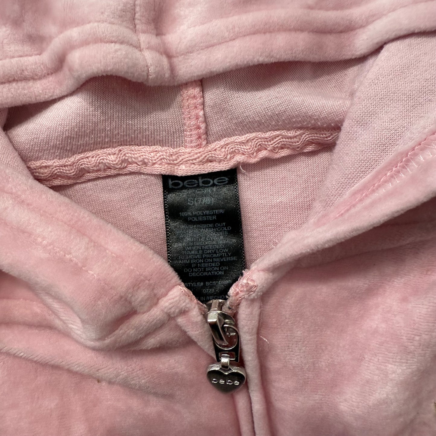 Bebe Women's Baby Pink Velour Full Zip Cropped Hoodie Rhinestones Logo Size S