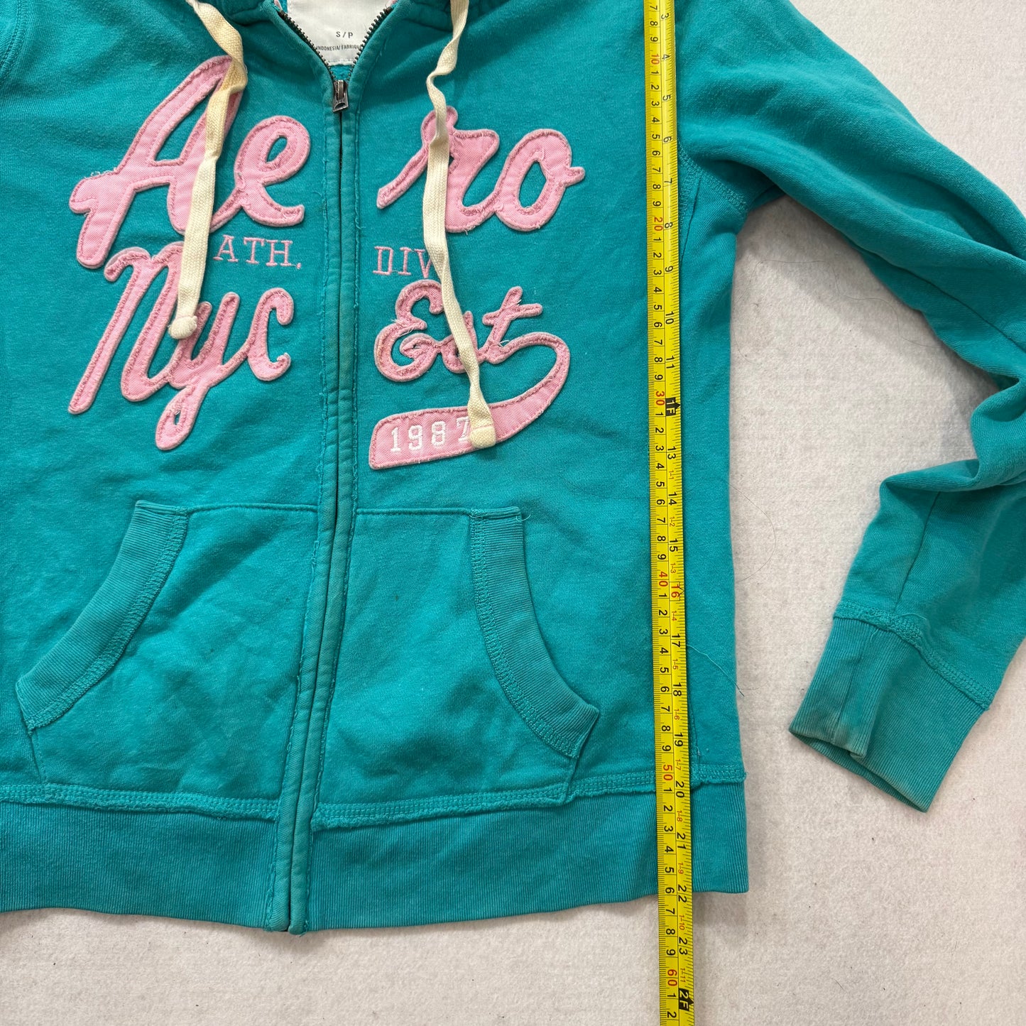 Aeropostale Teal Blue Embroidered Logo Full-Zip Hoodie Drawstring Classic Size S