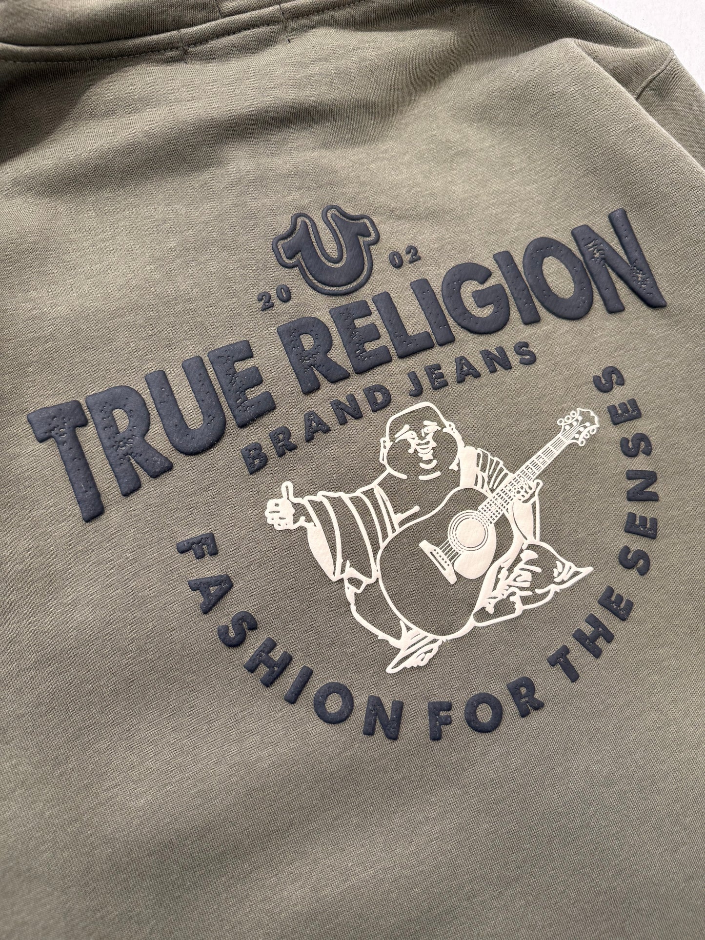TRUE RELIGION Buddha PUFF PRINT Olive Zip Up Hoodie - Clean Curriculums 