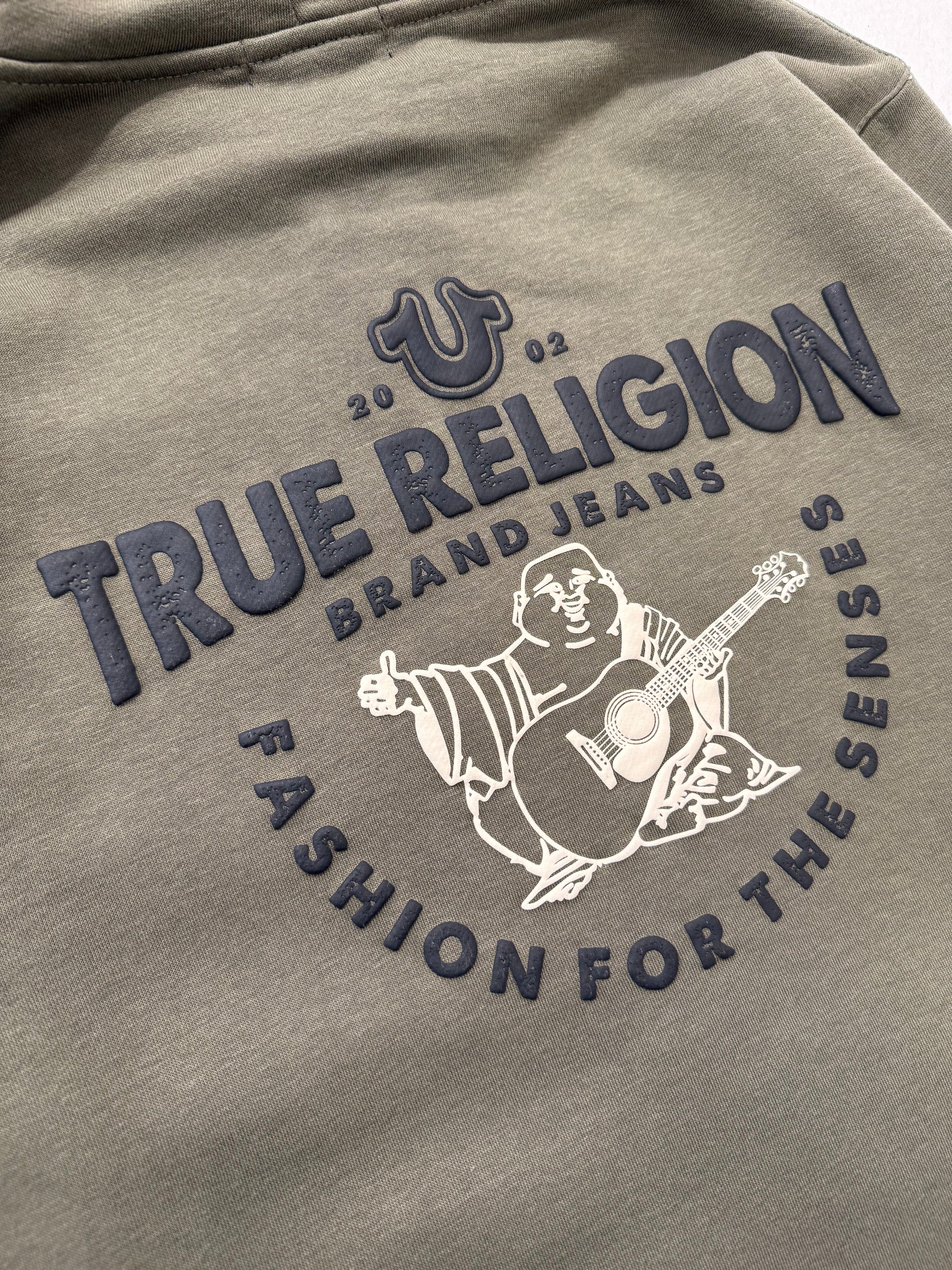 TRUE RELIGION Buddha PUFF PRINT Olive Zip Up Hoodie - Clean Curriculums 