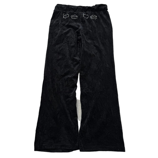 Bebe Women's Black Velour Flared Track Pant Loungewear Sequin Logo Pocket Size L