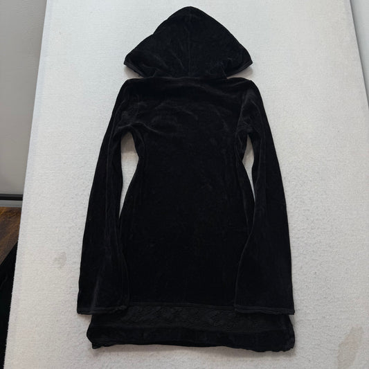 2003 Vintage Juicy Couture Women Black Velour Lace Trim Hooded Mini Dress Size P