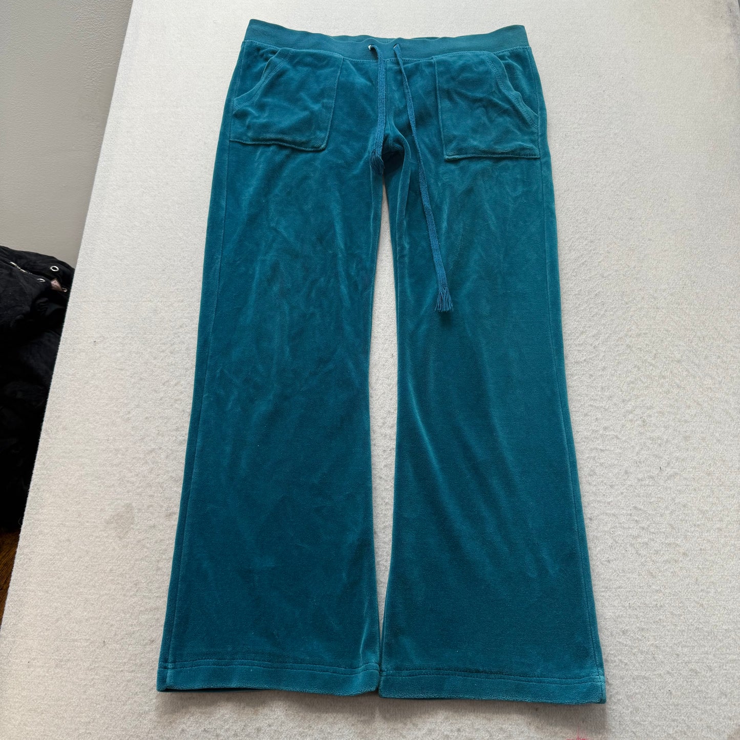 Vintage Juicy Couture Women's Dark Teal Velour Flared Track Pants Pockets Size L