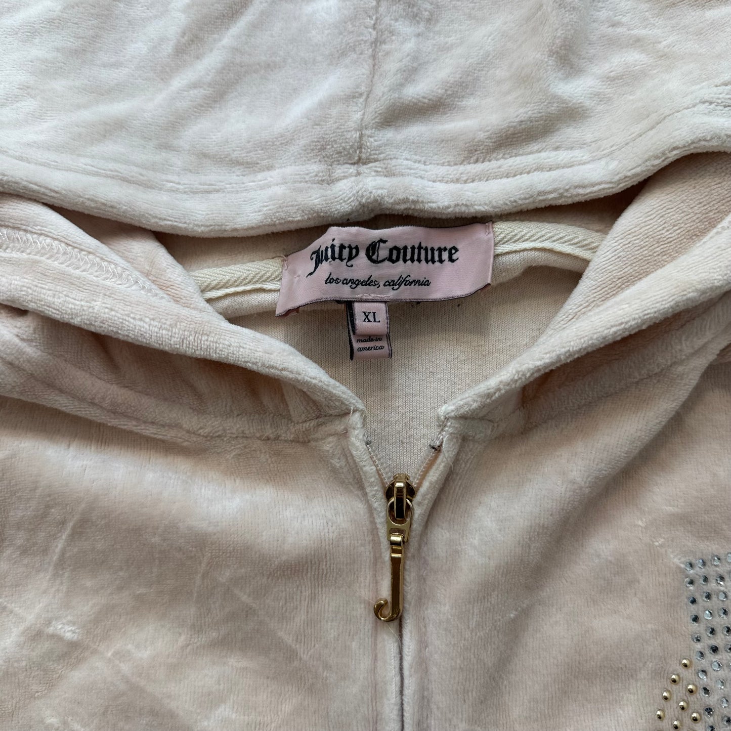 Juicy Couture Womens Beige Velour Zip-Up Hoodie Rhinestone Elbow Patches Size XL
