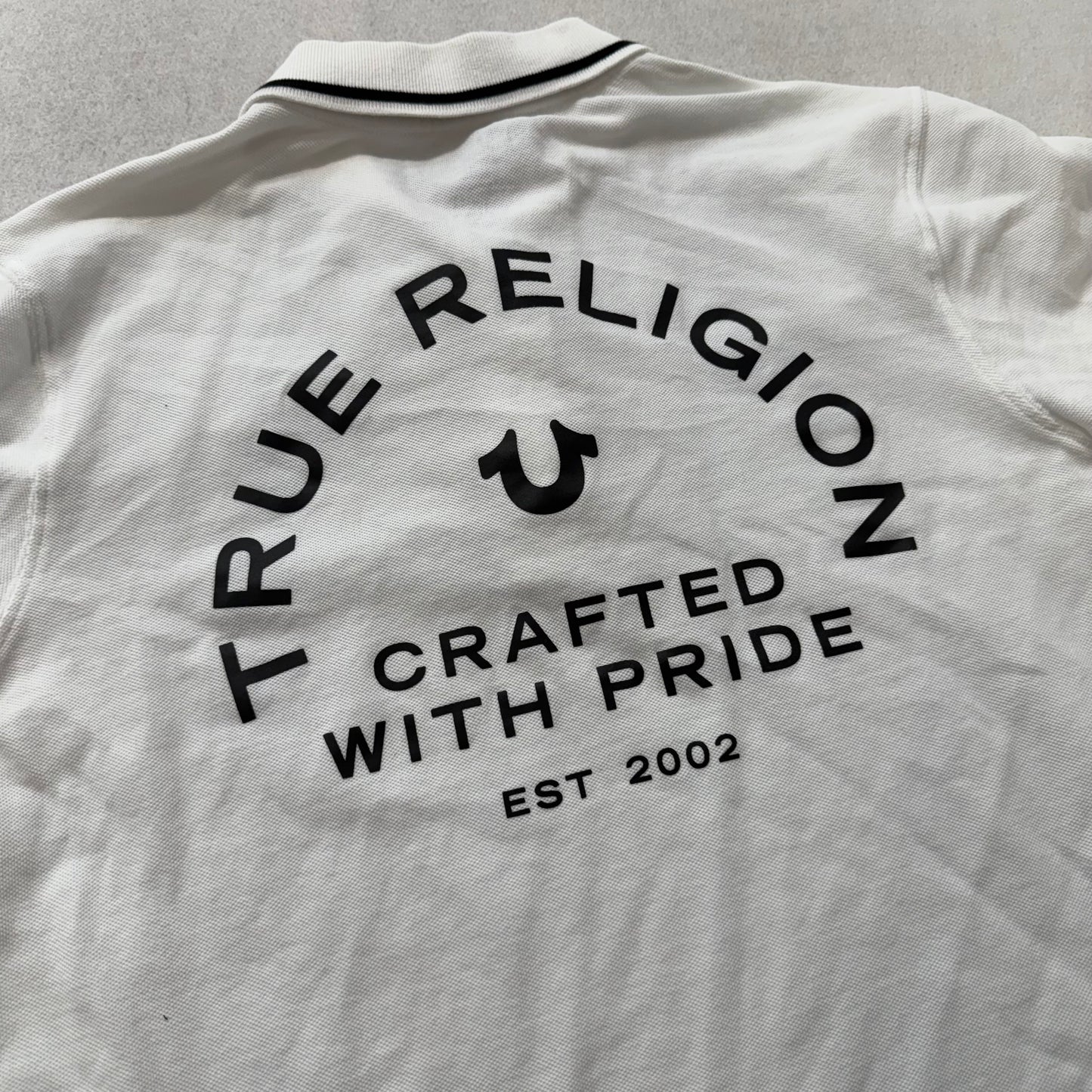 True Religion Men's White Cotton Polo Shirt Short Sleeves Horseshoe Logo Size S