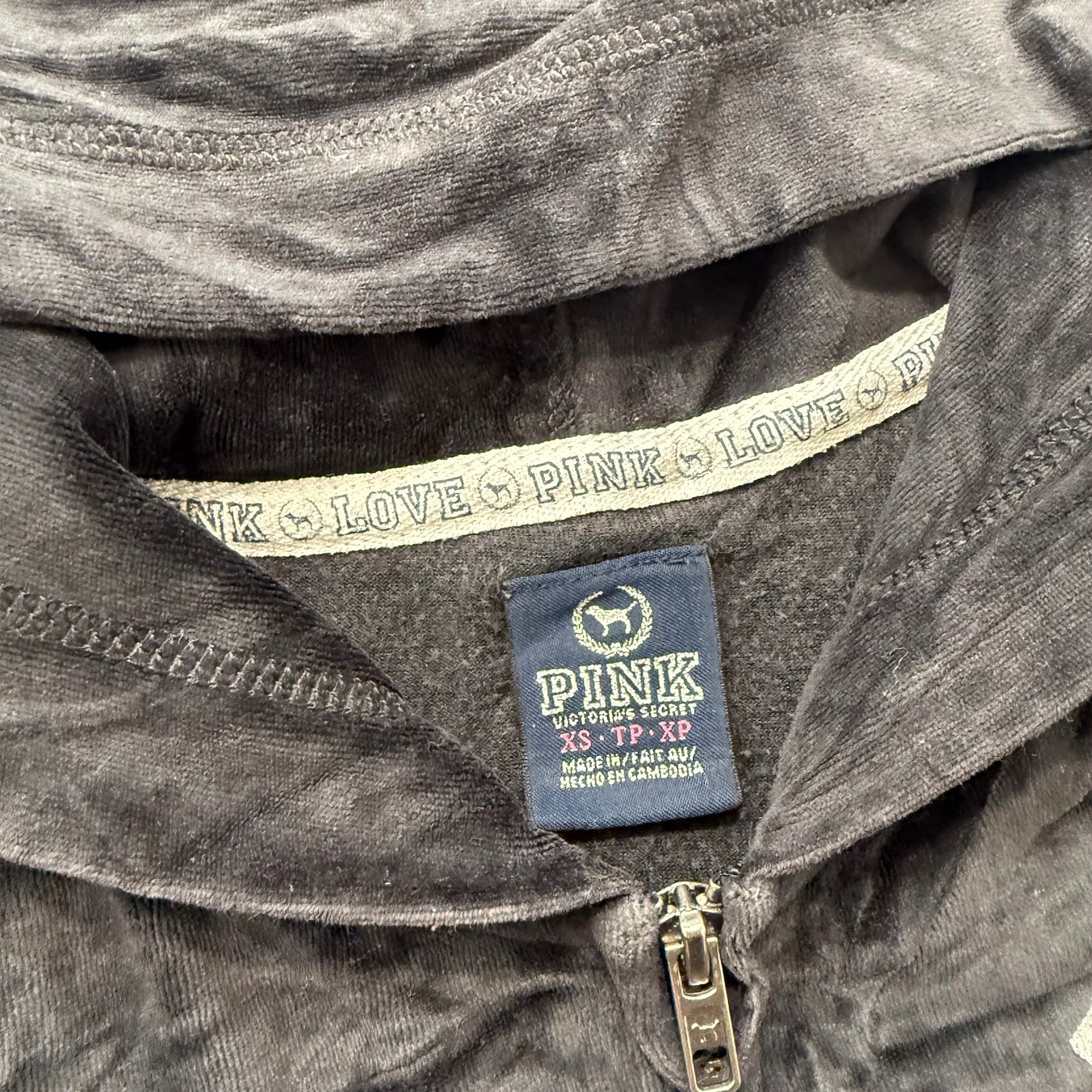 PINK Victoria's Secret Women Charcoal Gray Zip Up Hoodie Rhinestone Logo Size XS