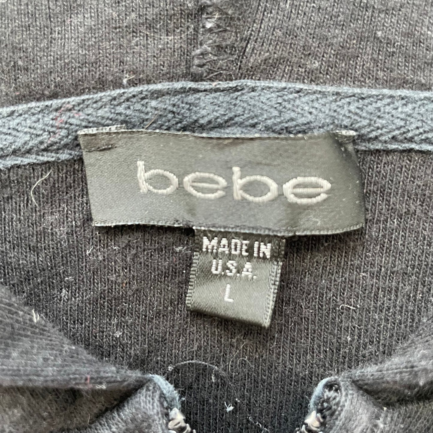 Vintage Bebe Women's Black Velour Zip-Up Cropped Hoodie Rhinestone Logo Size L