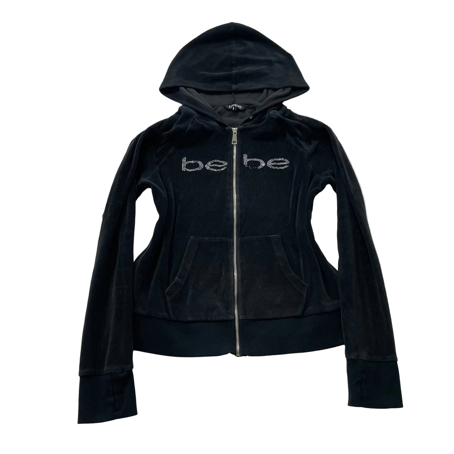 Bebe Women's Black Velour Zip Up Hoodie Rhinestones Logo Pockets Preppy Size L