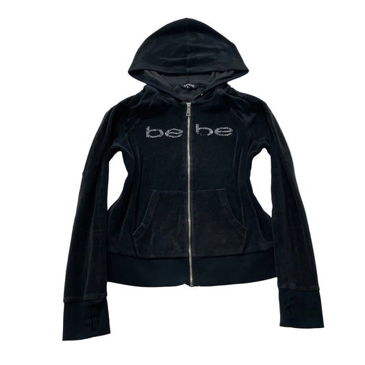 Bebe Women's Black Velour Zip Up Hoodie Rhinestones Logo Pockets Preppy Size L