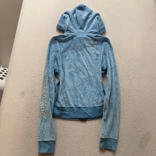 Victoria's Secret PINK Women's Blue Velour Zip-Up Hoodie Rhinestone Logo Size M