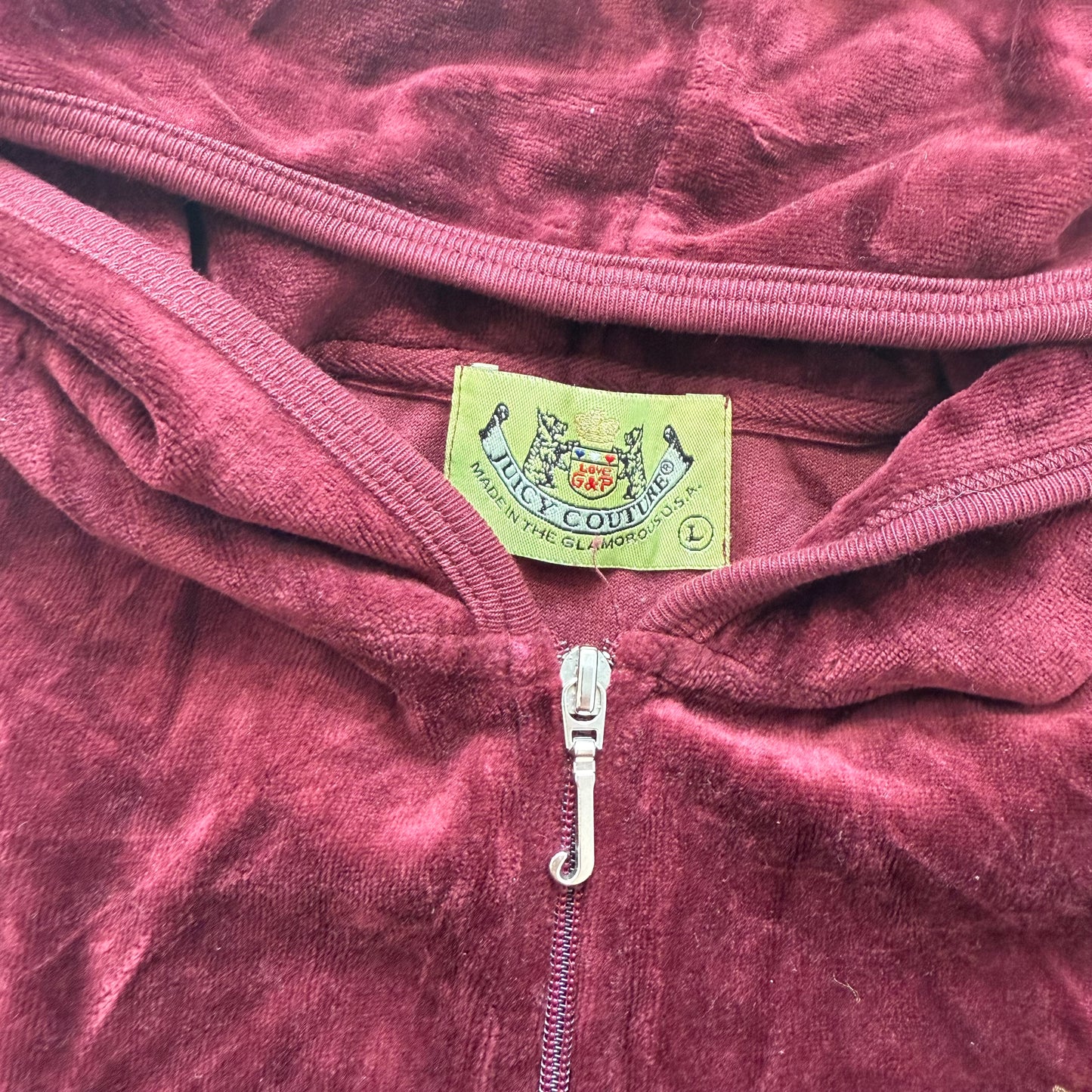 2003 Vintage Juicy Couture Women's Deep Burgundy Velour Full Zip Hoodie Size L
