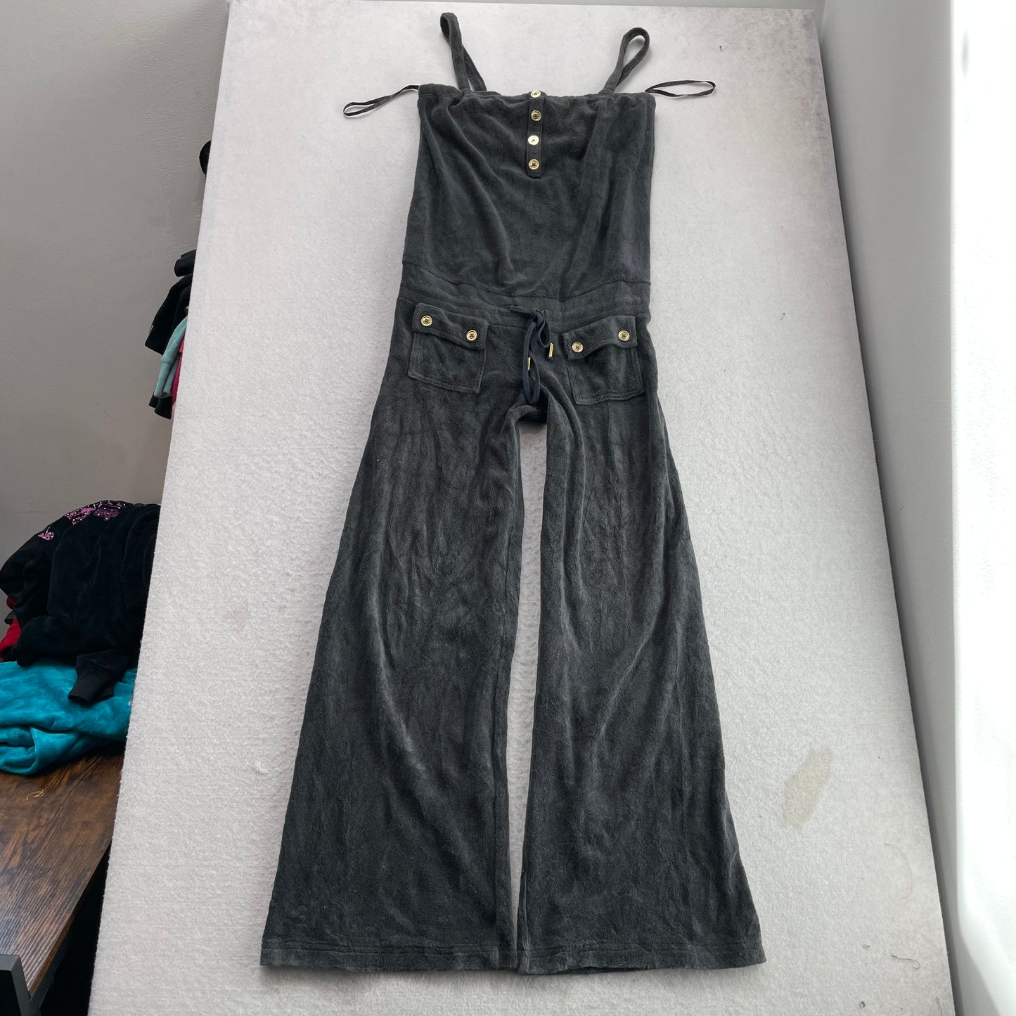 Juicy Couture Women's Deep Charcoal Terry Cloth Jumpsuit Bodice & Wide Pants - P