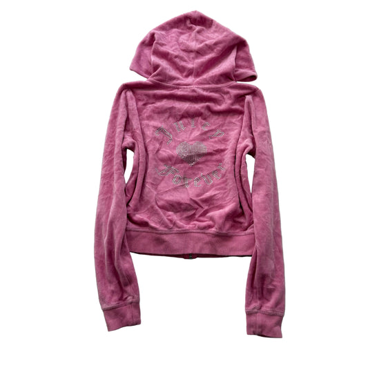Juicy Couture Women's Pink Velour Zip Up Cropped Hoodie Rhinestones Logo Size S
