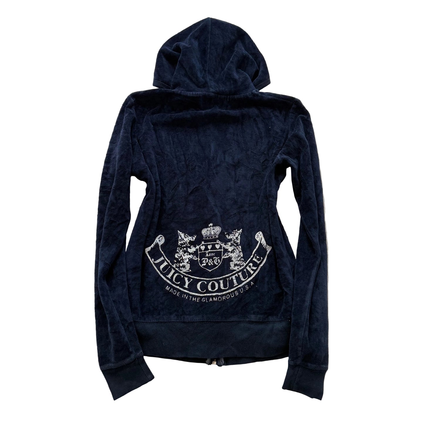 Vintage Juicy Couture Women's Navy Velour Zip Up Hoodie Graphic Logo Y2K Size S