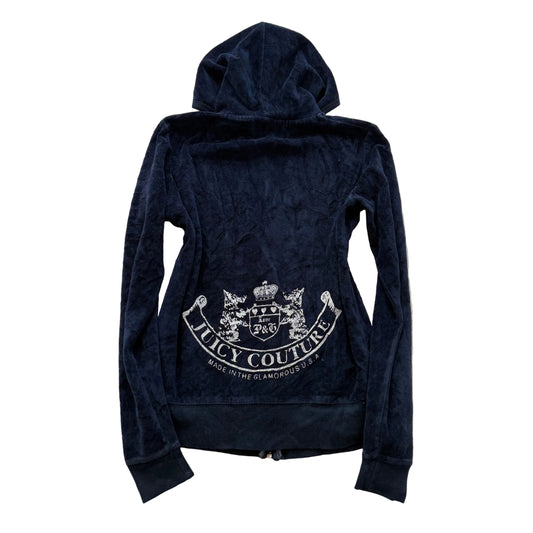 Vintage Juicy Couture Women's Navy Velour Zip Up Hoodie Graphic Logo Y2K Size S
