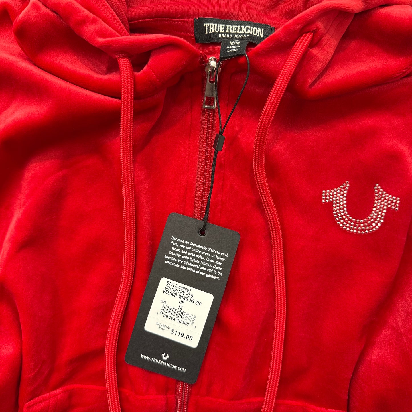 True Religion Red Velour Rhinestone Wings Zip Hoodie Y2K NWT Size M
