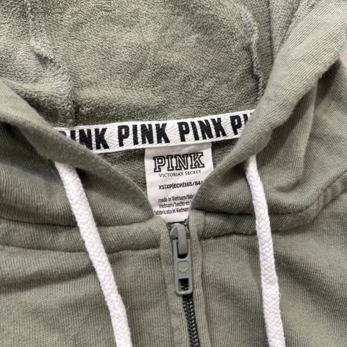 Victoria’s Secret PINK Olive Green Zip Hoodie Snap Button Sleeves Size XS