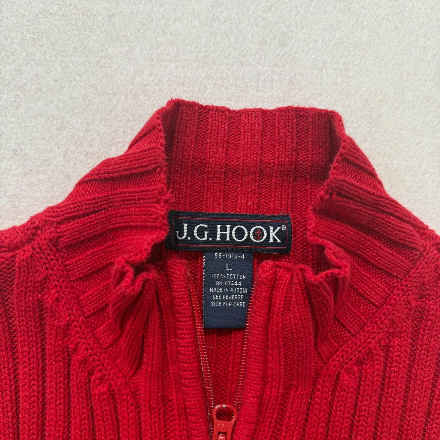 J.G. Hook Red 100% Cotton Full Zip Vest Round Neck Made in Russia Size L