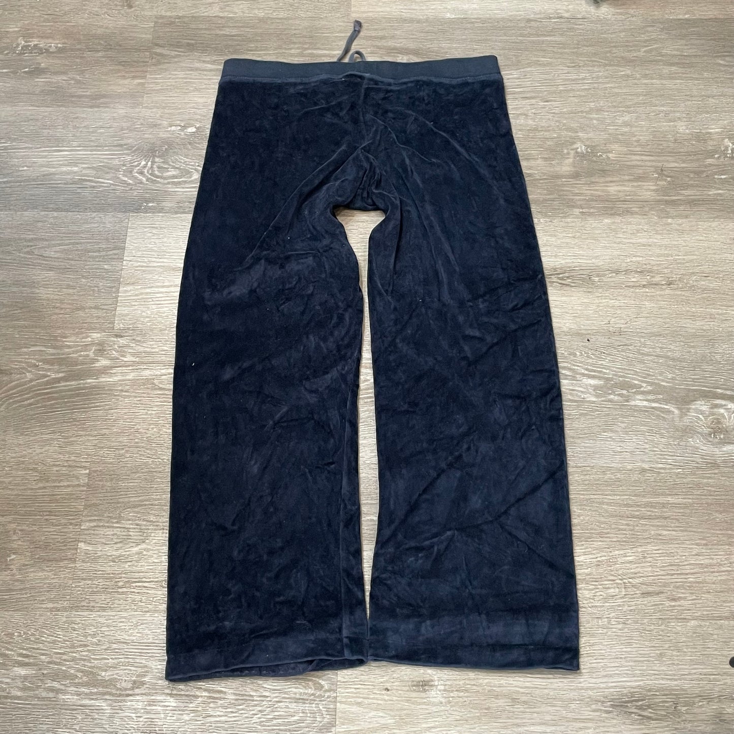 Vintage Juicy Couture Women's Navy Velour Wide Leg Track Pants Drawstring Size L