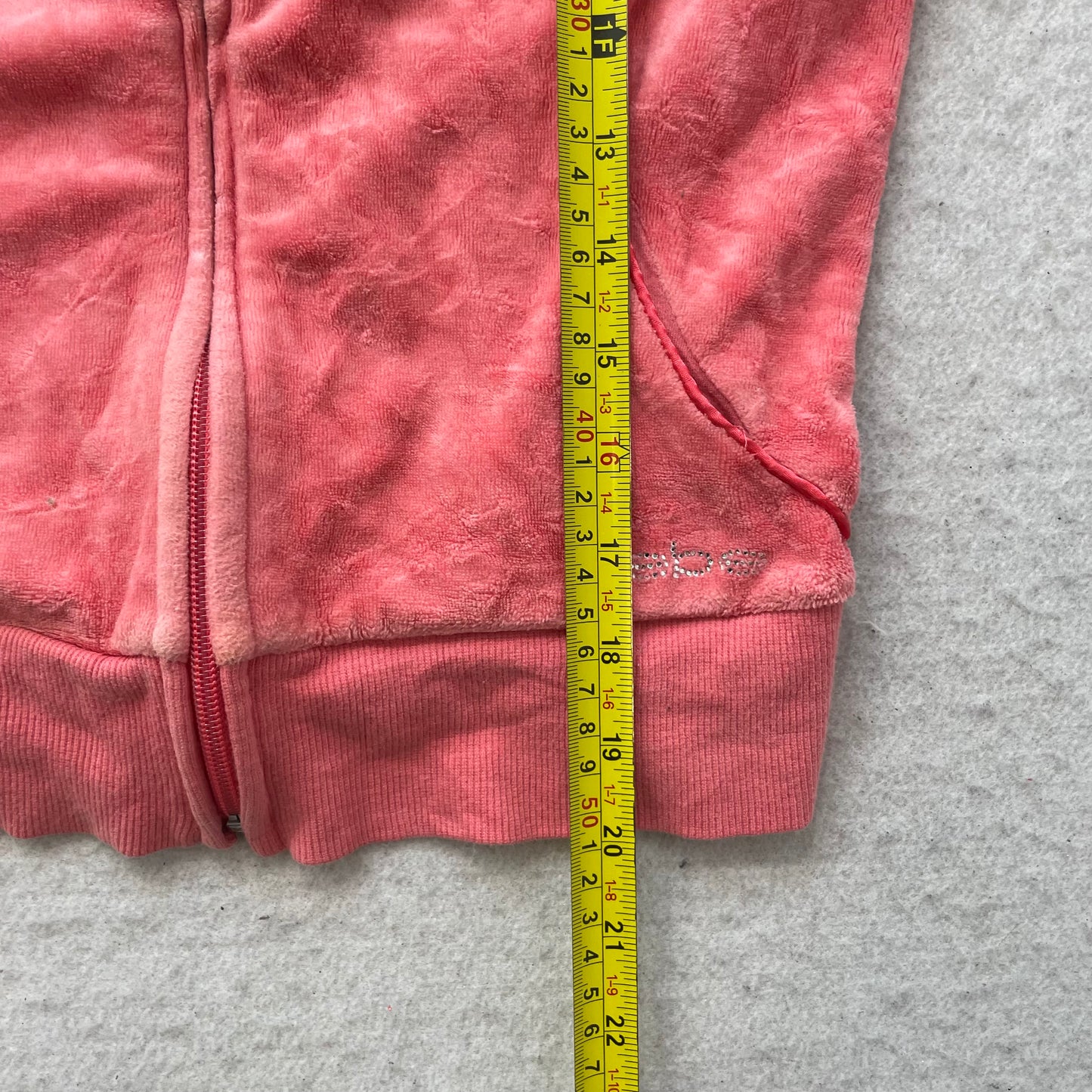 Bebe Women's Coral Pink Velour Zip-Up Hoodie Loungewear Rhinestone Logo Size XS
