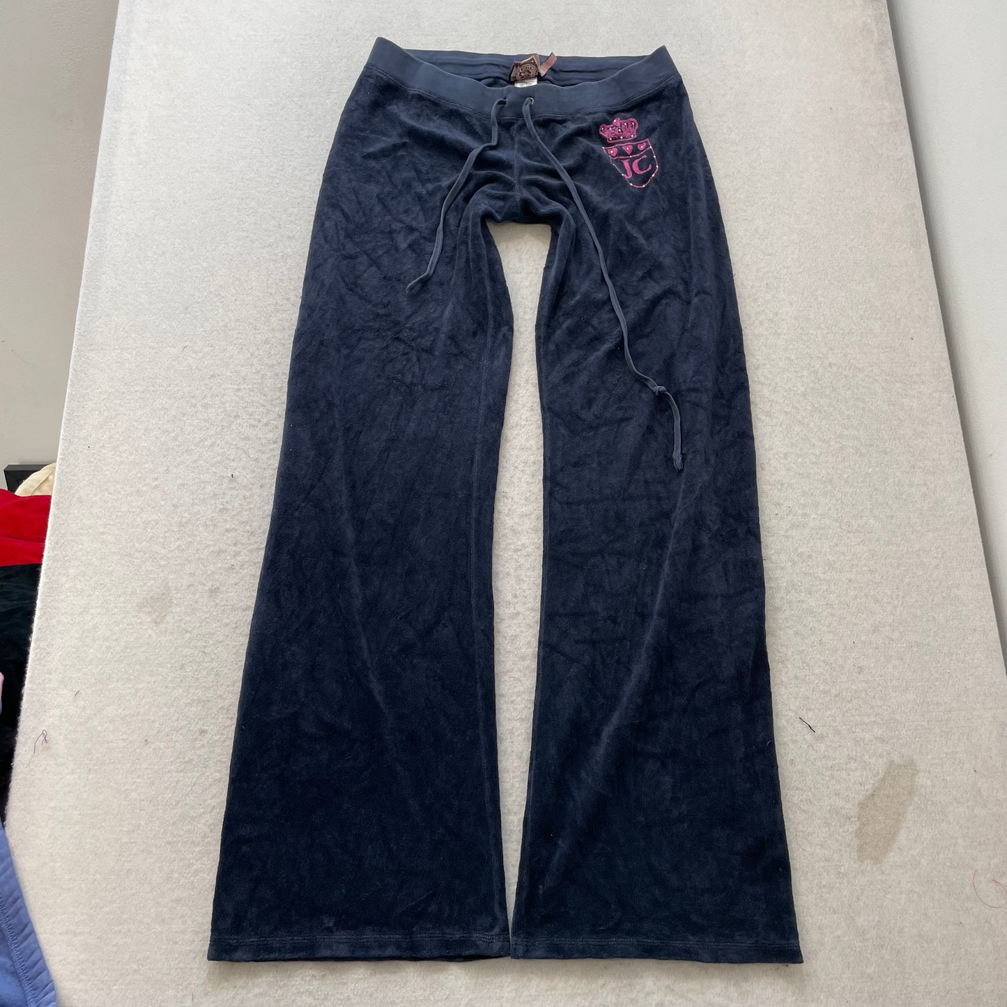 Juicy Couture Women's Navy Velour Flared Leg Track Pant Rhinestones Logo Size M