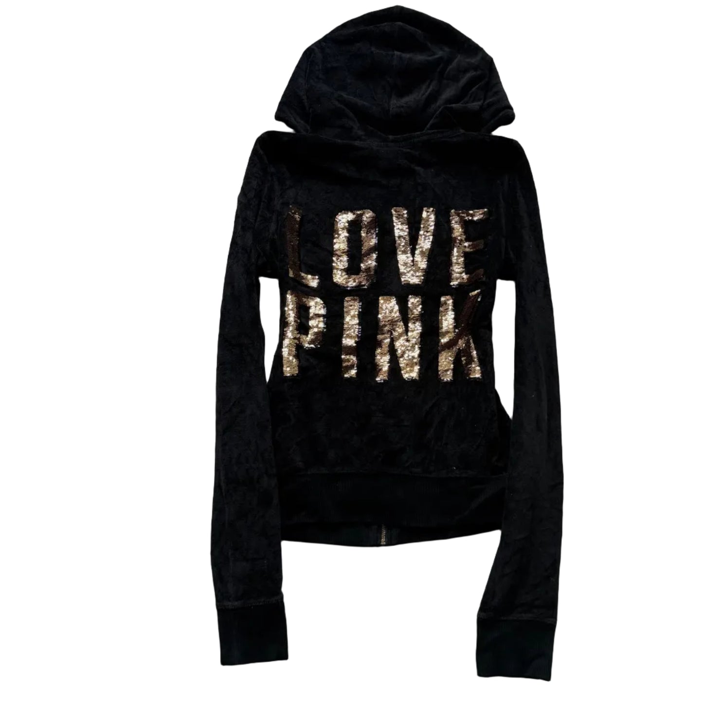 Victoria's Secret PINK Women's Black Velour Zip-Up Hoodie Sequin Logo Y2k Size S
