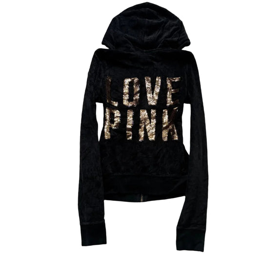 Victoria's Secret PINK Women's Black Velour Zip-Up Hoodie Sequin Logo Y2k Size S