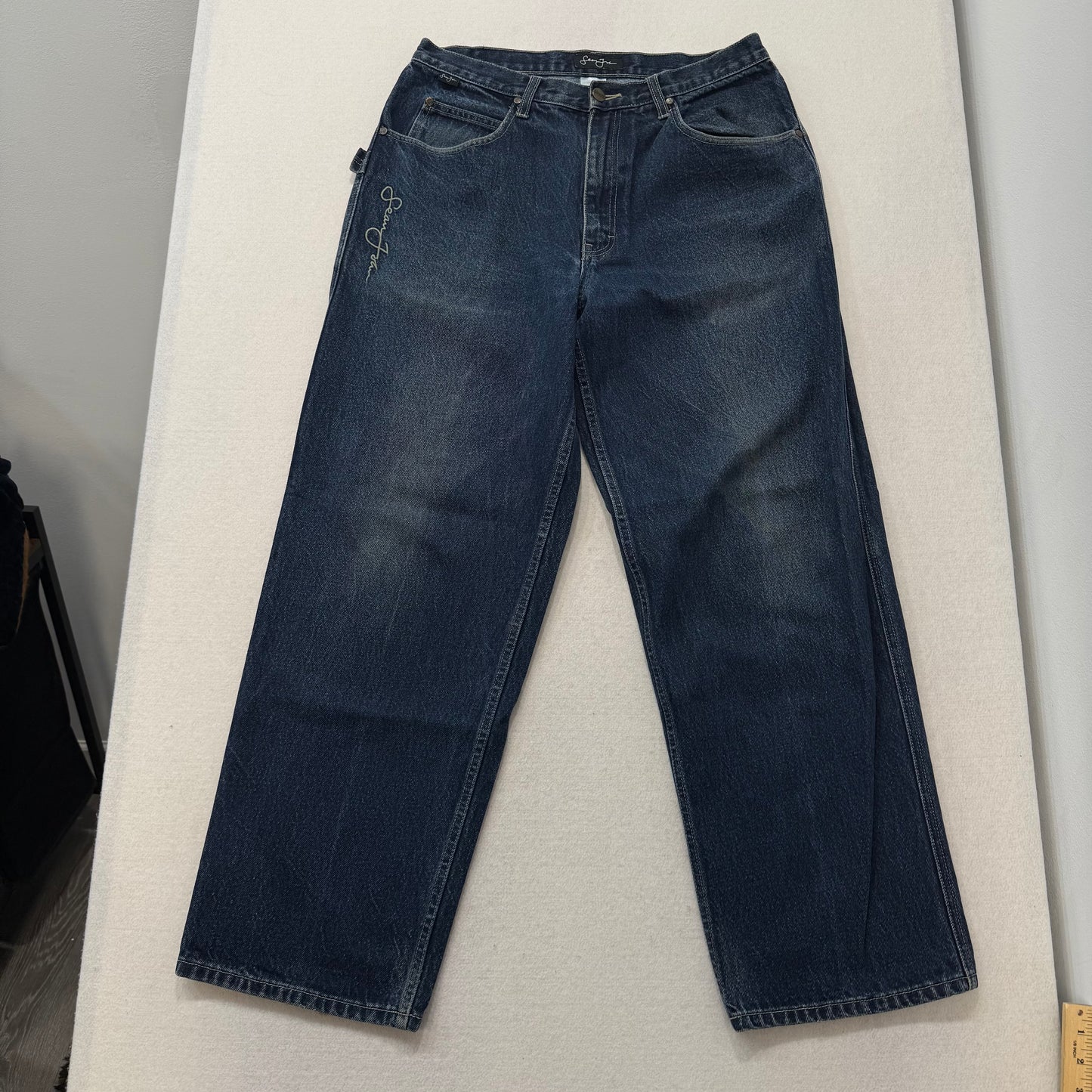 Sean John Dark Blue Denim Jeans Straight Leg Embroidered Logo 100% Cotton Size 34