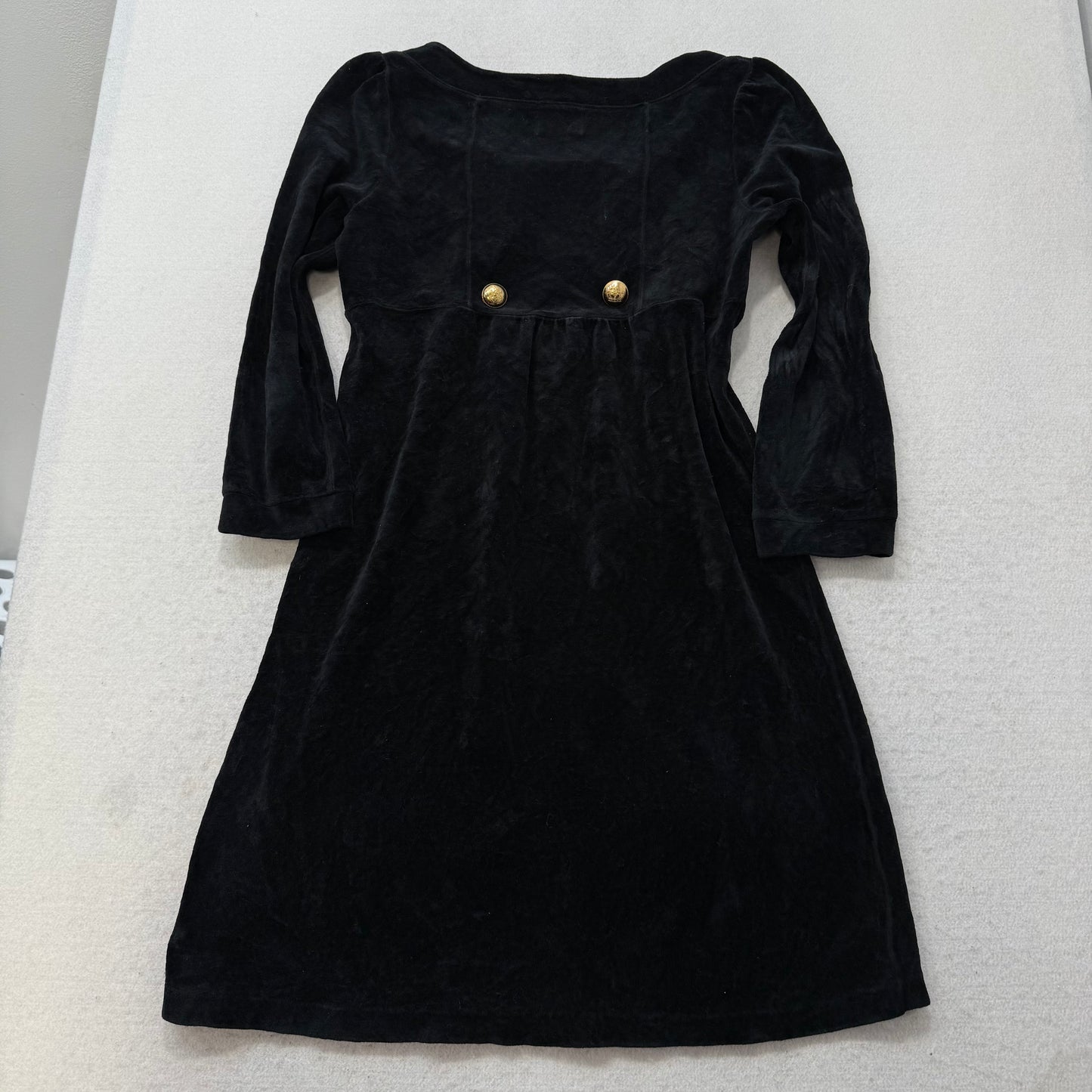 Juicy Couture Women's Black Velour Long Sleeve Dress Gold Crest Buttons Size P
