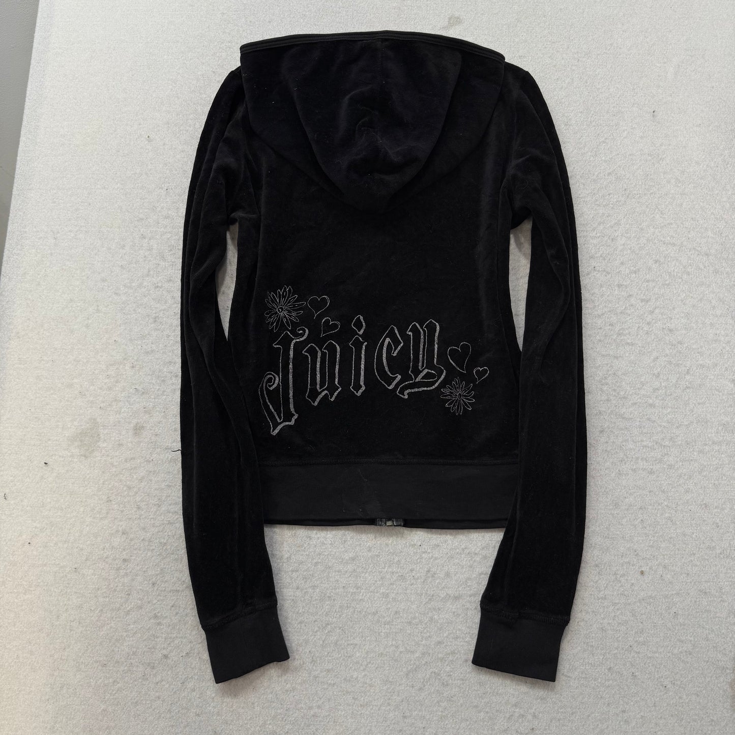Juicy Couture Black Velour Tracksuit Set Zip-Up Hoodie Drawstring Pant Size M/L