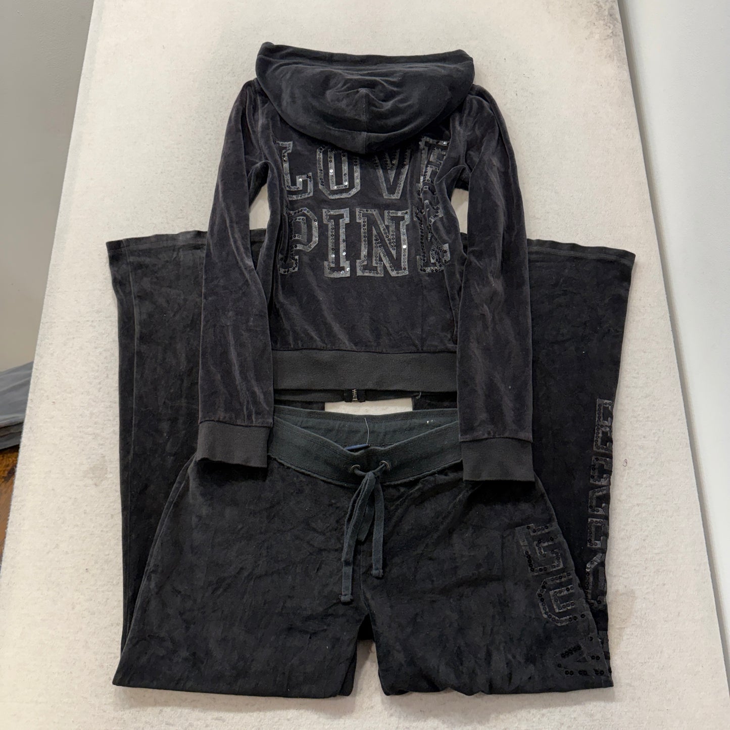 Victoria's Secret PINK Women's Black Velour Tracksuit Set Hoodie & Pants Size L