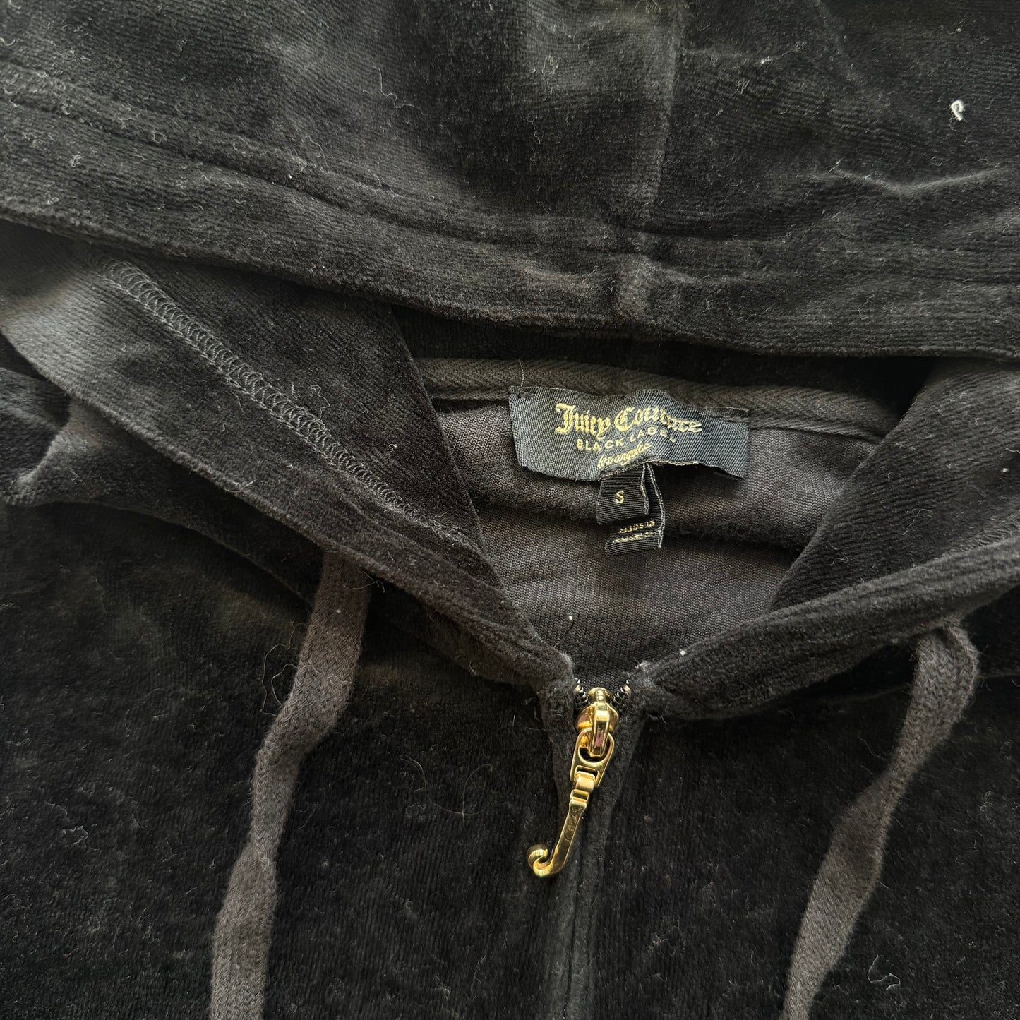 Juicy Couture Womens Jet Black Velour Zip-Up Hoodie Rhinestone Crown Logo Size S