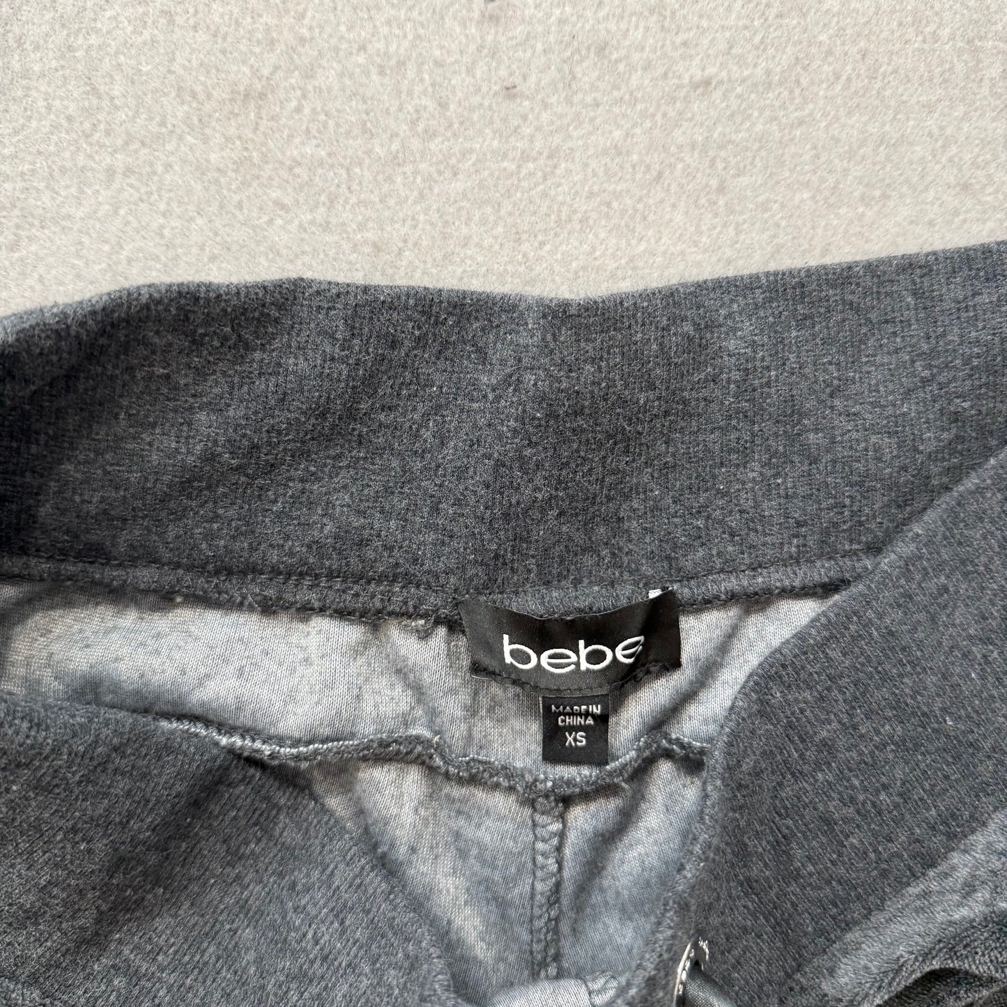 Bebe Women's Charcoal Grey Velour Flared Leg Track Pants Rhinestone Logo Size XS